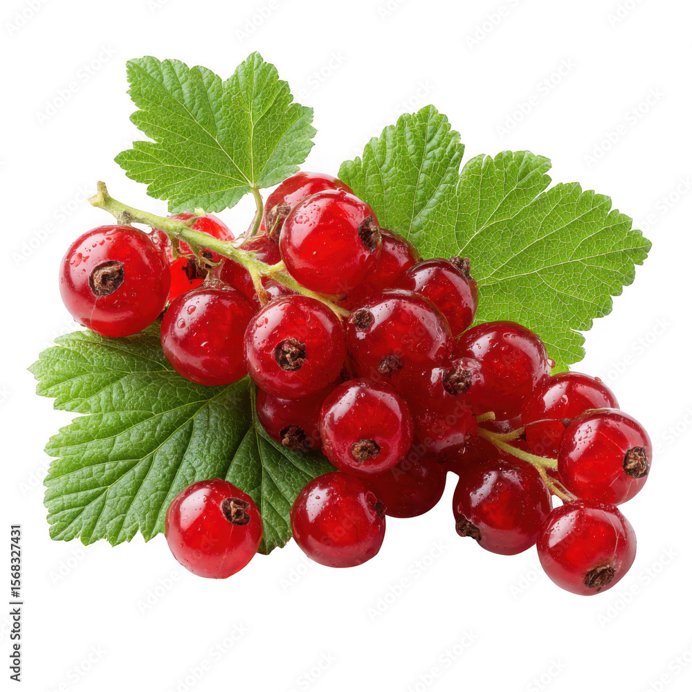 Fresh red currants with green leaves and water droplets isolated on transparent background Fresh red currants with green leaves and water droplets isolated on transparent background