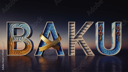 BAKU 3D Typography with Azerbaijani Cultural Motifs, Mosaic Patterns, Pomegranates and Gold Ribbon at Sunset, Modern Art Illustration