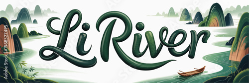 Li River Scenic Landscape Illustration with Karst Mountains, Calligraphy Lettering, Bamboo Boat, and Serene Nature in Pastel Colors