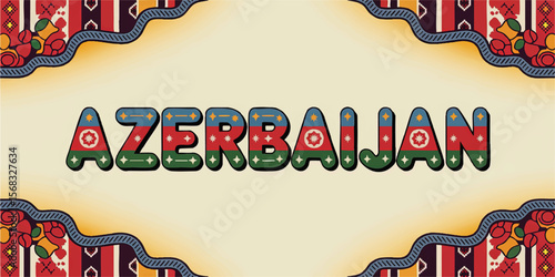 Azerbaijan Typography with Flag Colors and Ethnic Pattern, Traditional Ornament, Flat Vector Illustration for Travel and Culture