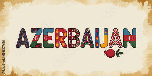 Azerbaijan Typography Illustration with National Symbols, Flag, Carpet Patterns, and Pomegranate on Vintage Grunge Background