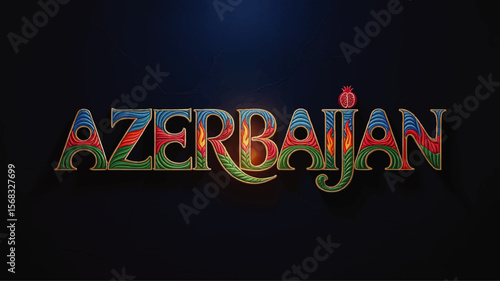 Azerbaijan Colorful Ornamental Typography with Pomegranate Icon, Traditional Decorative Font Design on Dark Background for Poster, Travel, Tourism, Culture