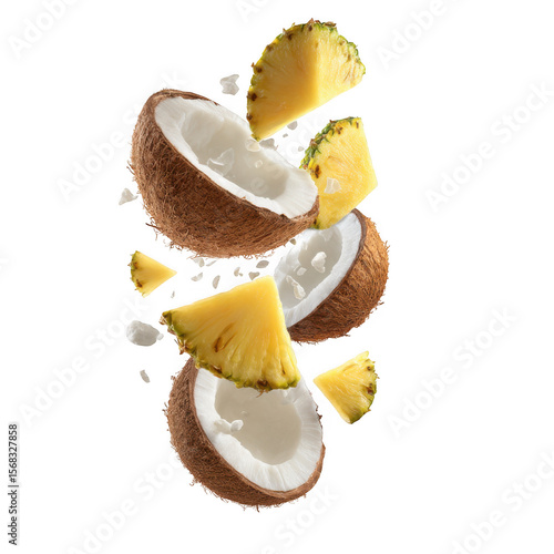 Fresh pineapple chunks and coconut halves flying together isolated on transparent background