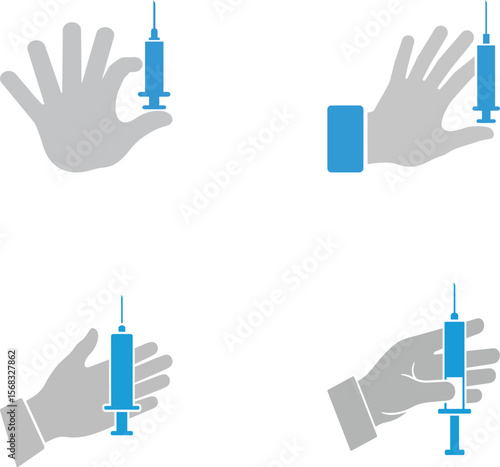 Hand Injection Medical Syringe Vaccination Concept: Professional Healthcare Treatment and Pharmaceutical Delivery Illustration Set