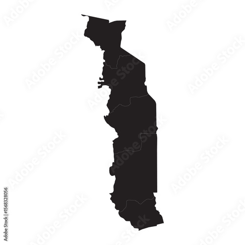black silhouette map of togo with internal region borders isolated on white background, vector outline