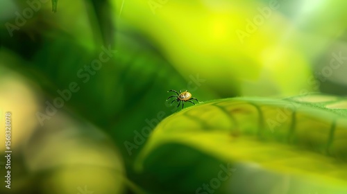 Close-up of small tick insect on green leaf in forest environment, symbolizing danger of Lyme disease and tick-borne infections in nature. Health risk and parasite concept.
