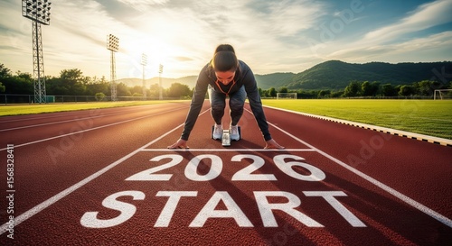 Starting Line Challenge: A determined athlete prepares for the 2026 challenge, poised at the starting line under a brilliant sky and amidst rolling hills.