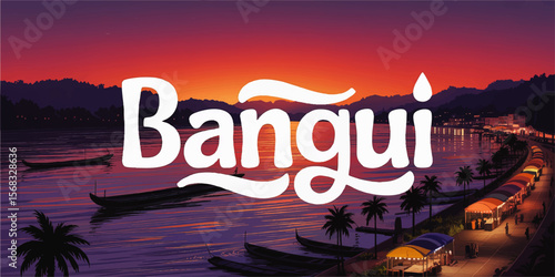 Bangui Riverfront Sunset Illustration – Vibrant Market, Boats, Palms, and Colorful Skyline for Travel and Tourism Concepts