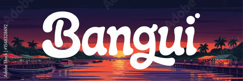 Vibrant Bangui Sunset Riverfront Illustration with Boats, Market Stalls, Palm Trees, and Colorful Evening Sky