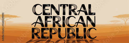 Central African Republic Text Illustration with African Savanna Landscape, Acacia Trees, Warm Earth Tones, and Bold Artistic Font