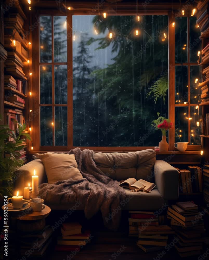 A cozy living room window looking out onto a magical forest with festive lights. A cozy living room window looking out onto a magical forest with festive lights.