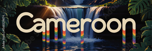 Cameroon Waterfall Landscape with Lush Greenery, Rainbow Typography, and Tropical Jungle Leaves Illustration
