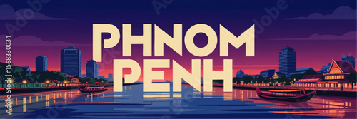 Phnom Penh Cambodia Skyline Sunset Illustration – Vibrant Downtown Riverside Cityscape with Boats, Modern and Traditional Architecture