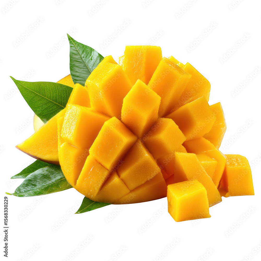 Freshly cut ripe mango cubes with green leaves isolated on transparent background Freshly cut ripe mango cubes with green leaves isolated on transparent background