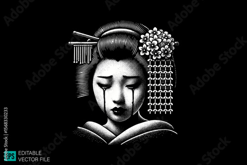 japanese mythology girls scary creepy style tattoo dark art illustration vector black and white background templates