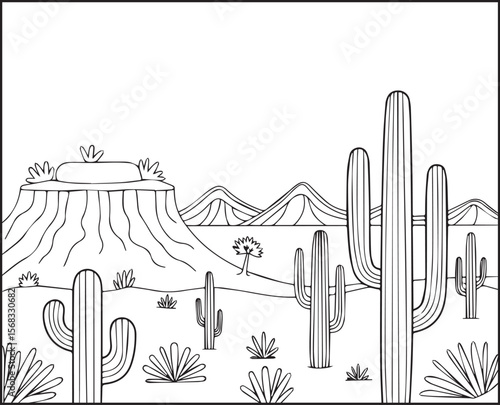 Desert with cactus trees landscape black line art vector illustration for coloring page or book design for children