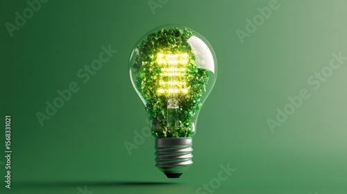 Bright energy-efficient eco friendly glowing light bulb with plant dot pattern on green background