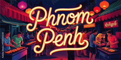 Phnom Penh Night Market Street Food Scene with Lanterns and People, Vibrant Urban Southeast Asia Travel Illustration