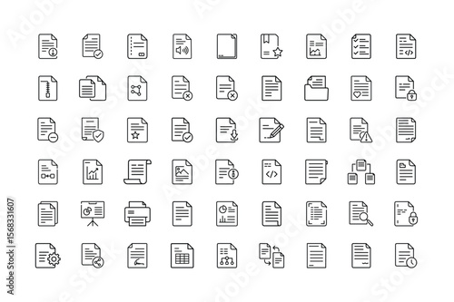 Collection of document and file type icons in outline style