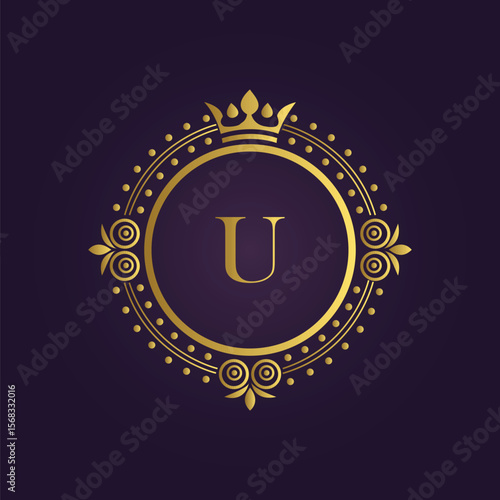 Elegant Gold Letter U with Ornate Frame and Crown on Deep Purple Background