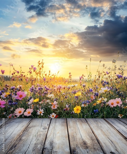 wooden table and flowers