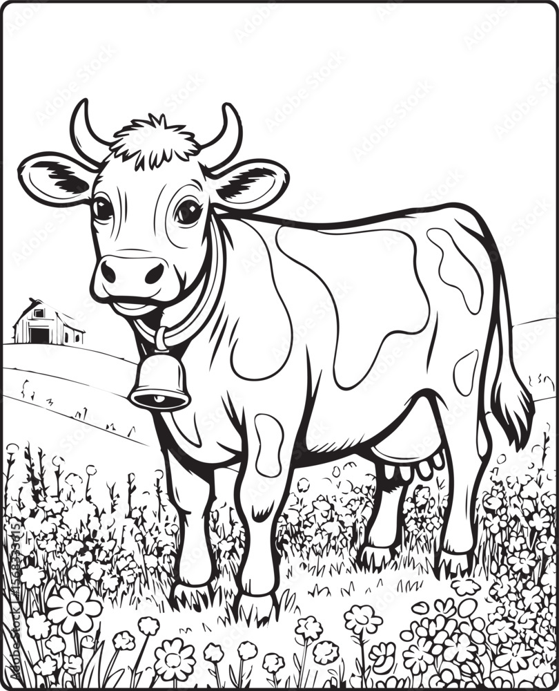 Fototapeta premium Cute cow in the field black vector outline illustration coloring page for kids
