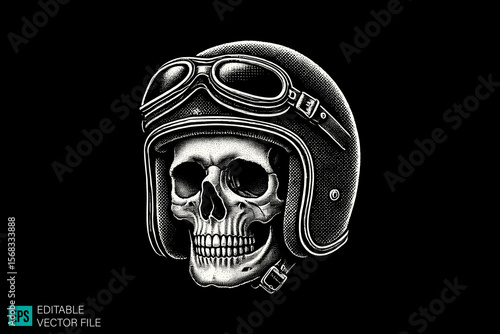 skull head with helmet scary creepy style tattoo dark art illustration vector black and white background templates