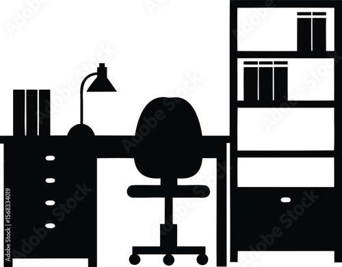 Home Office Silhouette Vector Illustration with Desk, Swivel Chair, Bookshelf, Lamp, and Folders 