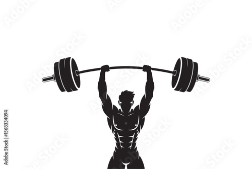 Muscular man lifting heavy barbell overhead with defined abs isolated on white background