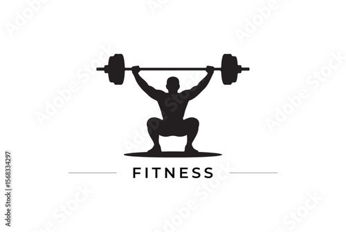Silhouette of a man performing a barbell squat exercise isolated on white background