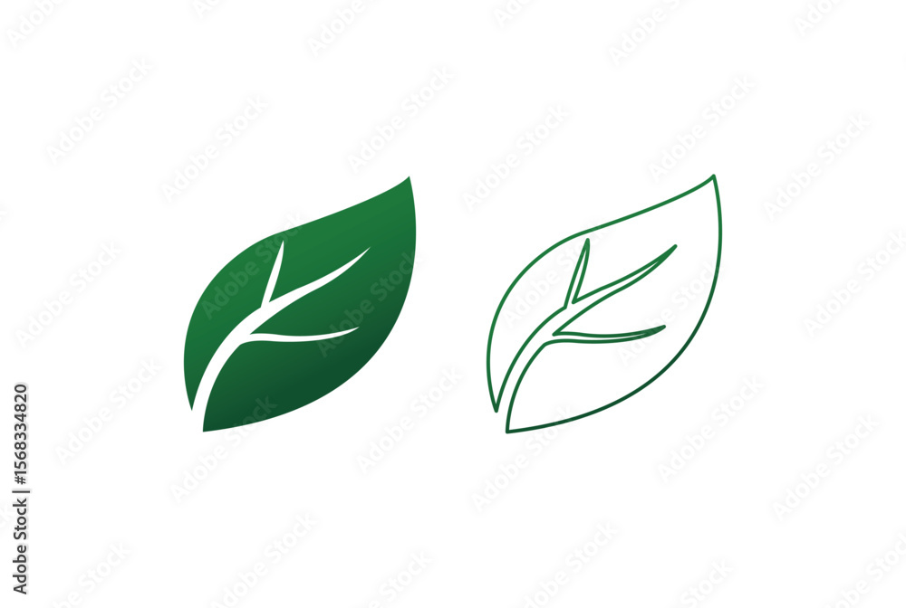 Two green leaves one solid one outline isolated on white background Two green leaves one solid one outline isolated on white background