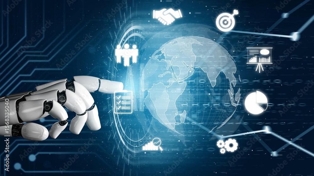 Naklejka premium Global marketing and finance strategy, worldwide business expansion, international finance planning, cross-border marketing, and digital marketing tools for global business success. Muxer