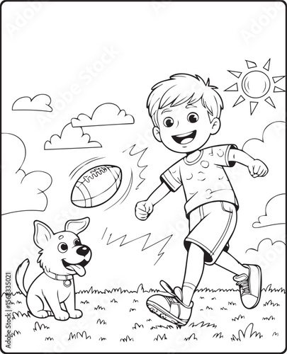 Cute boy playing with ball in the field black vector line art illustration for coloring book design