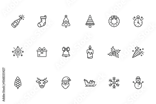 Line art set New Year Christmas holiday icons on NewYear