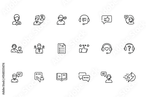 Set line art customer service support icons including headsets speech bubbles help