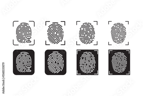 Collection of fingerprint icons for biometric identification and security scanning isolated on white background