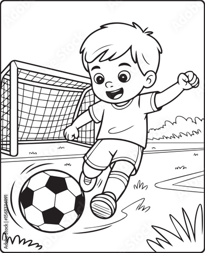 Cute boy playing with ball in the field black vector line art illustration for coloring book design