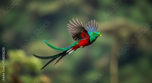 Resplendent Quetzal in Flight: Emerald Plumage and Elegant Tail Feathers