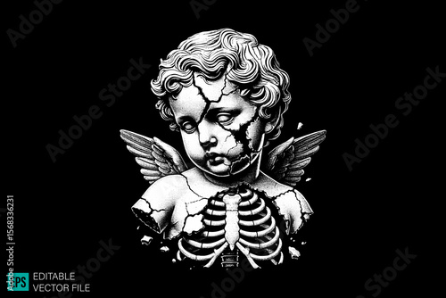 cupid sculpture scary creepy style tattoo dark art illustration vector black and white background templates