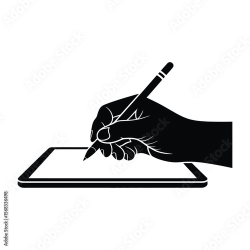 Tablet with Stylus Silhouette, Vector, Illustration, Outline, Line Art, Icon, White Background.