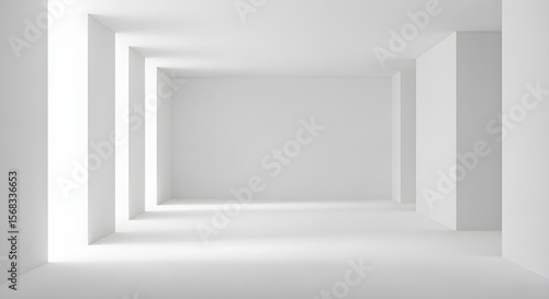 Minimal White Interior Room with Geometric Columns and Abstract Light Shadows