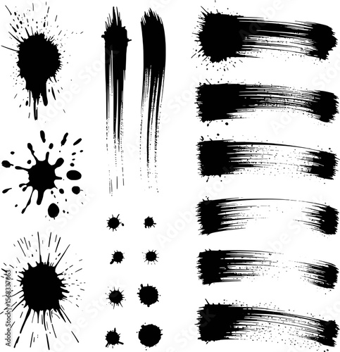 Black ink splatter and brush stroke graphic elements splash paint