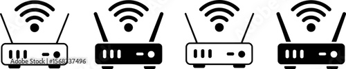 Black and white wifi router icons with antennas and signal waves modem wireless