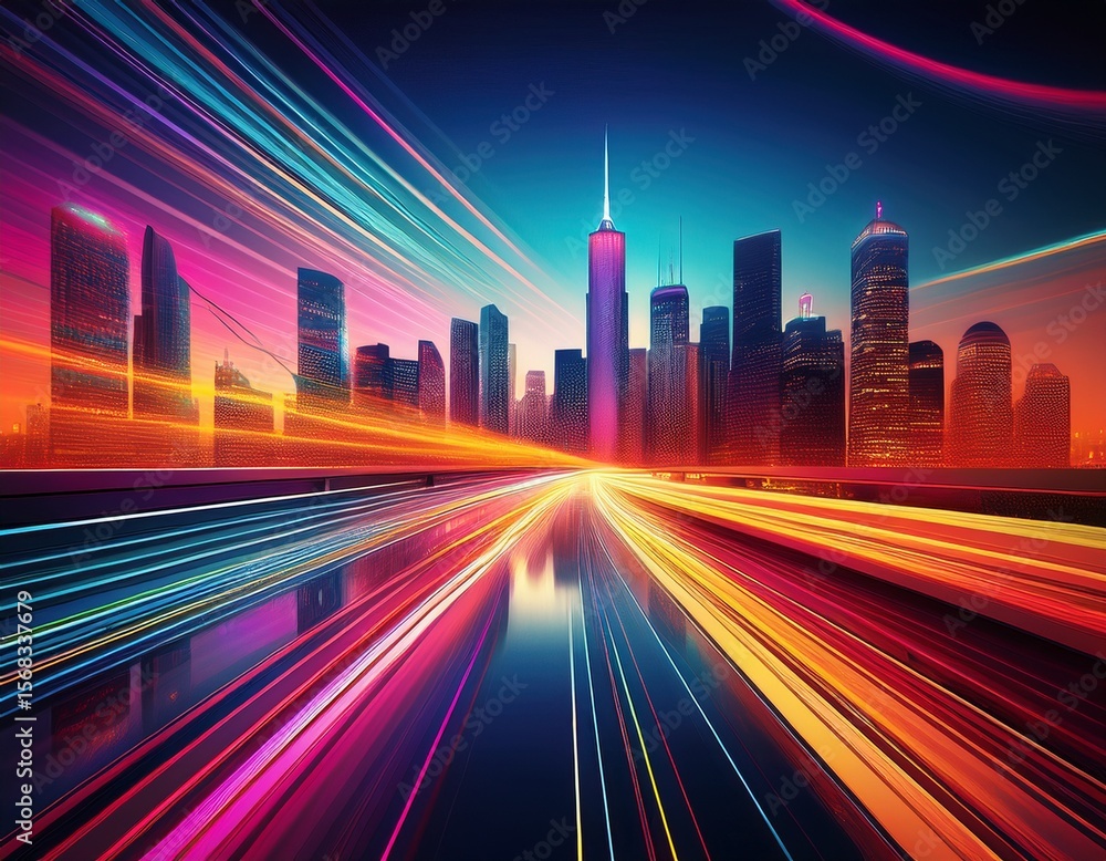 Obraz premium vibrant cityscape skyline with dynamic light trails abstract background