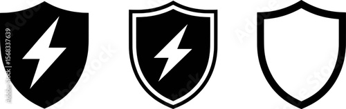 Format: Title: Black shield symbols with lightning bolt and outline variations protection