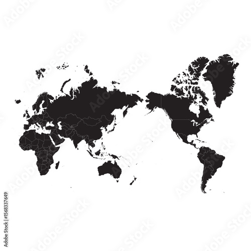 black silhouette world map centered on pacific rim with country borders, isolated on white, vector outline