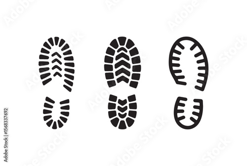 Three distinct black shoe print outlines on a white background isolated on white background