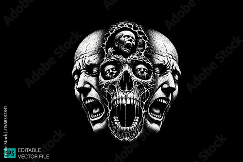 screaming ghost face scary creepy style tattoo dark art illustration vector black and white background templates