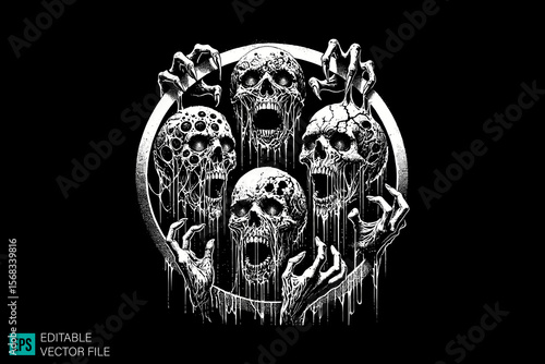 devil skull face scary creepy style tattoo dark art illustration vector black and white background templates