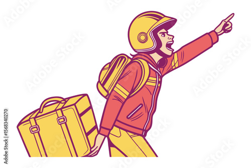 Delivery Courier Directing: A determined delivery courier, helmeted and equipped, urgently gestures in a direction while managing a delivery suitcase, capturing speed and direction.